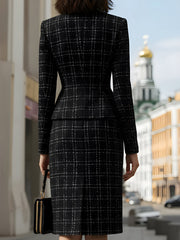 Plaid Peplum Jacket And Pencil Skirt Set