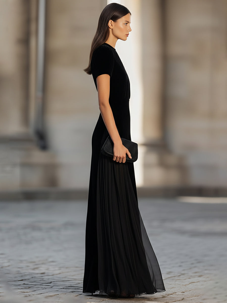 Short Sleeve Floor-Length Dress With Sheer Flowing Skirt