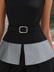 Contrast Stripe High-Neck Belted Structured Top