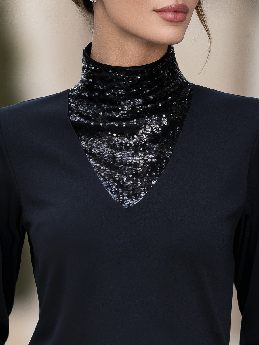 V-Shaped Sequin Panel Mock Neck Long Sleeve Top