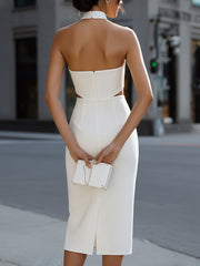 Halter Cut-Out Waist Structured Pencil Midi Dress