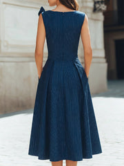 Bow Shoulder Pinstripe A-Line Midi Dress