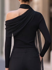Asymmetric Scarf-Draped Long-Sleeve Top