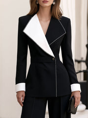 Contrast Lapel Trimmed Blazer And Wide-Leg Pants Set