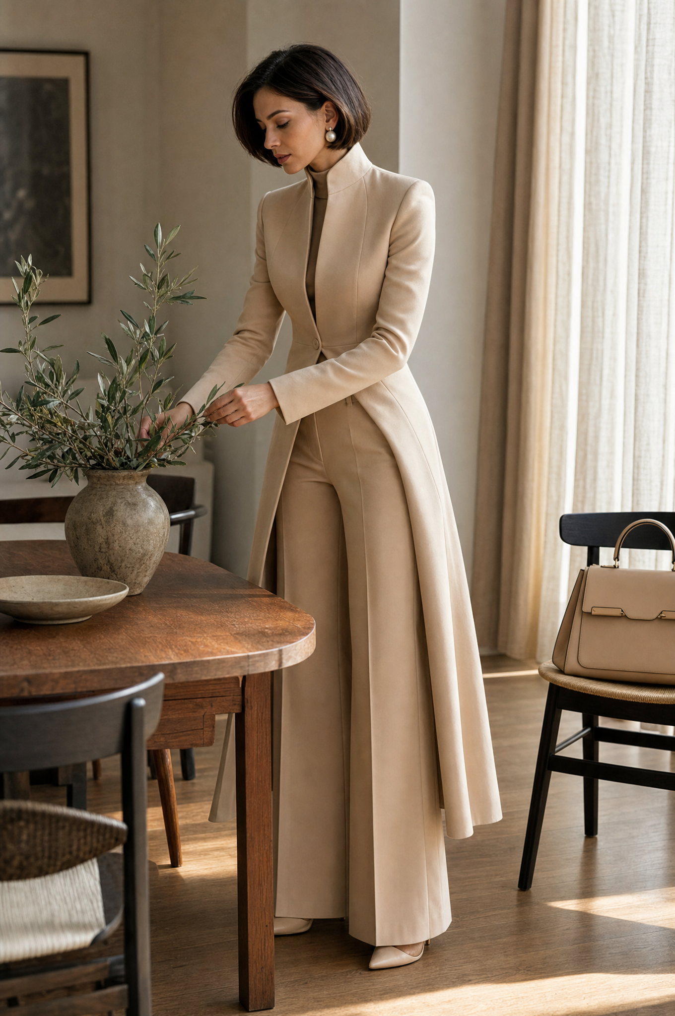 Tand Collar Long Tailored Coat & High Waist Flare Pants Two-Piece Suit