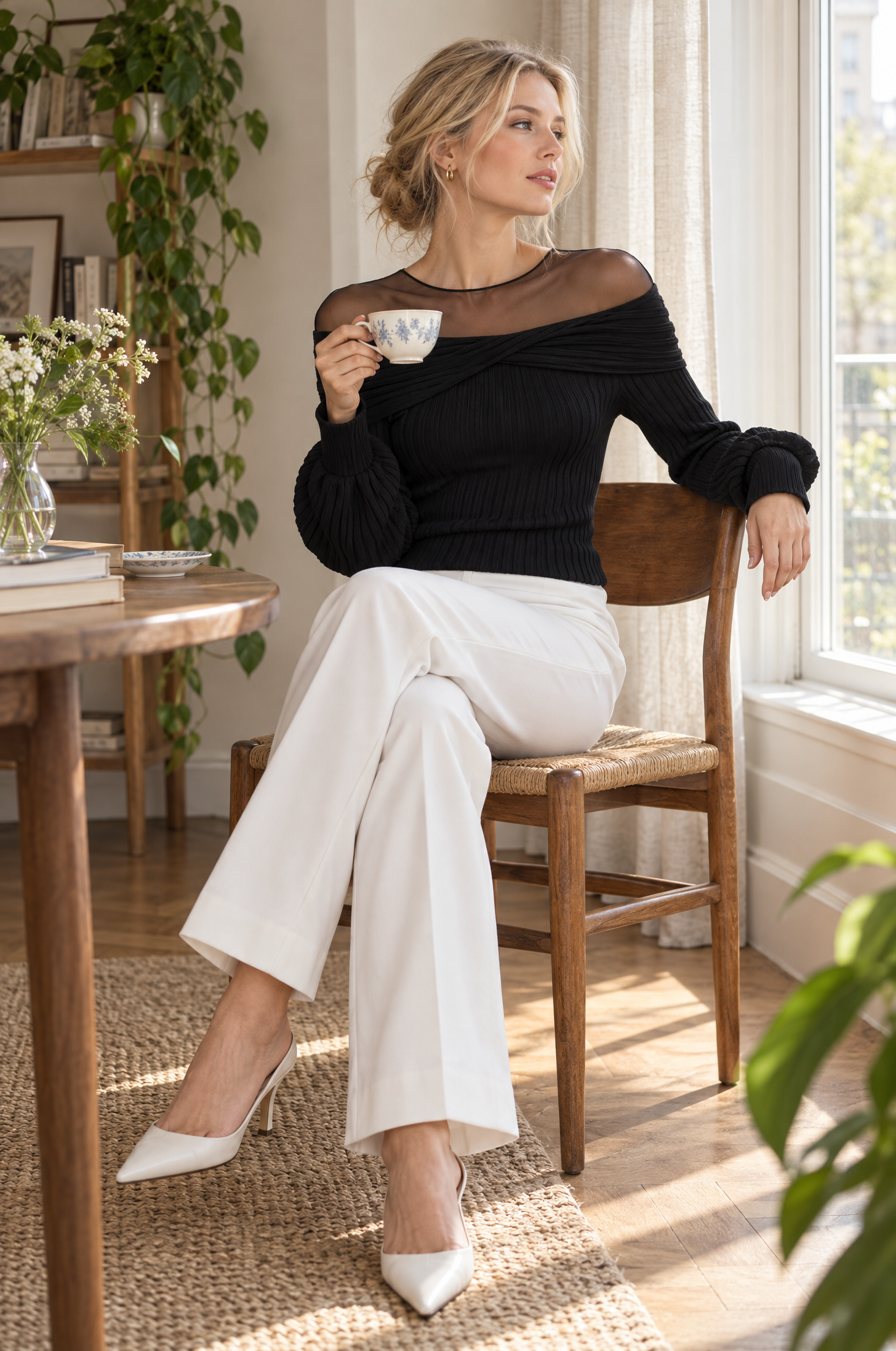 Sheer Mesh Yoke Off-Shoulder Ribbed Knit Sweater