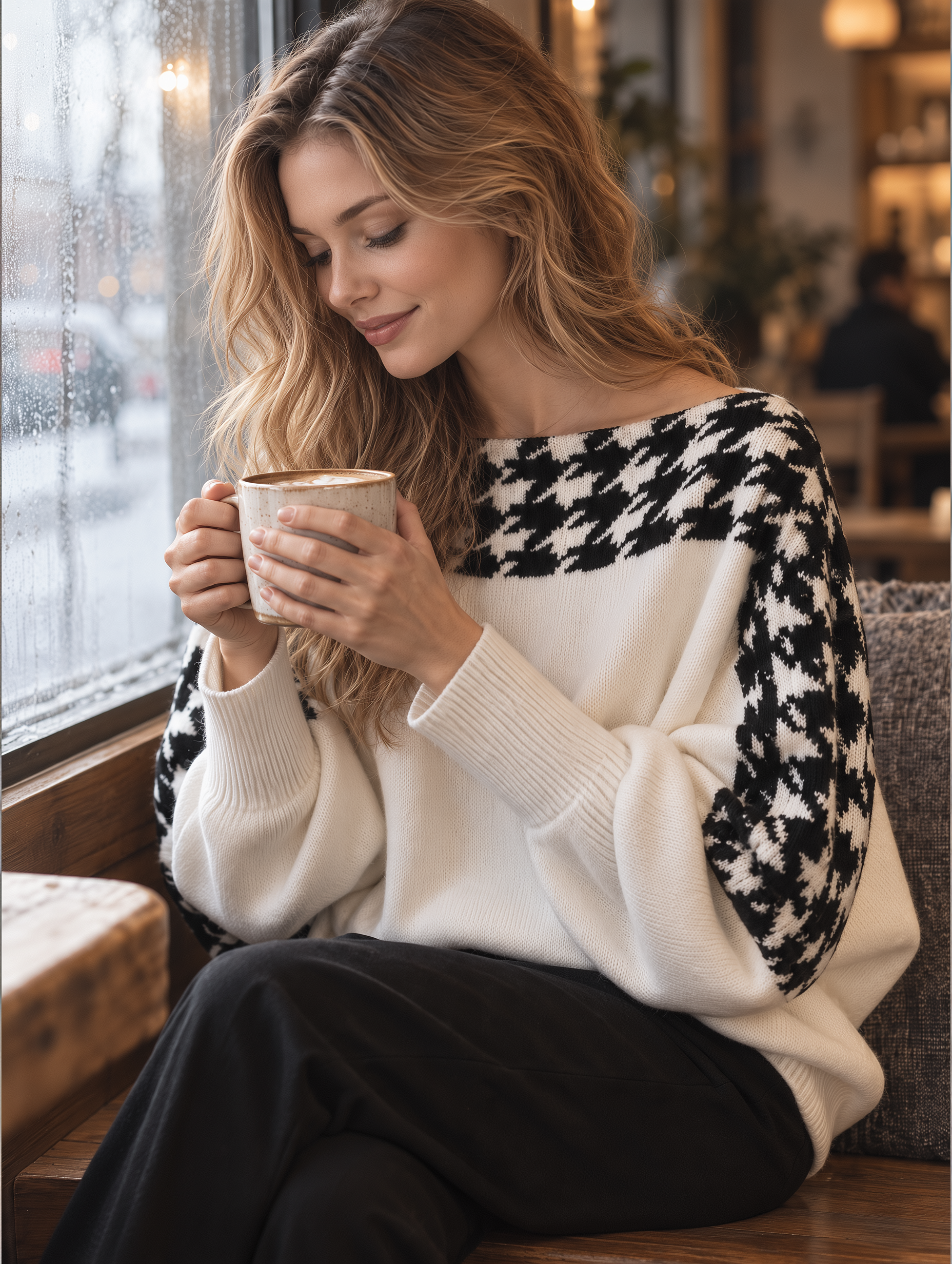 Houndstooth Batwing Knit Sweater