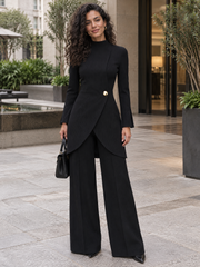 Women's Ribbed Knit Two-Piece Set - Mock Neck Wrap Tunic & Wide Leg Pants