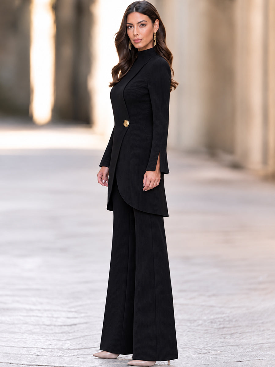 Women's Ribbed Knit Two-Piece Set - Mock Neck Wrap Tunic & Wide Leg Pants
