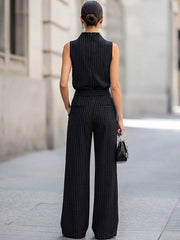 Sleeveless High-Neck Pinstripe Wide-Leg Two-Piece Set