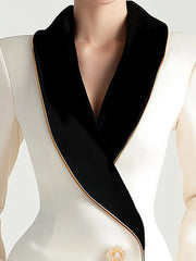 Elegant Asymmetrical White Blazer with Black Contrast Lapels