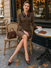Houndstooth Tweed Midi Dress With Black Velvet Collar Trim For Office & Wedding Guest Occasions