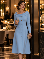 Elegant Decorative Buttons Off-the-Shoulder Portrait Collar Midi Dress