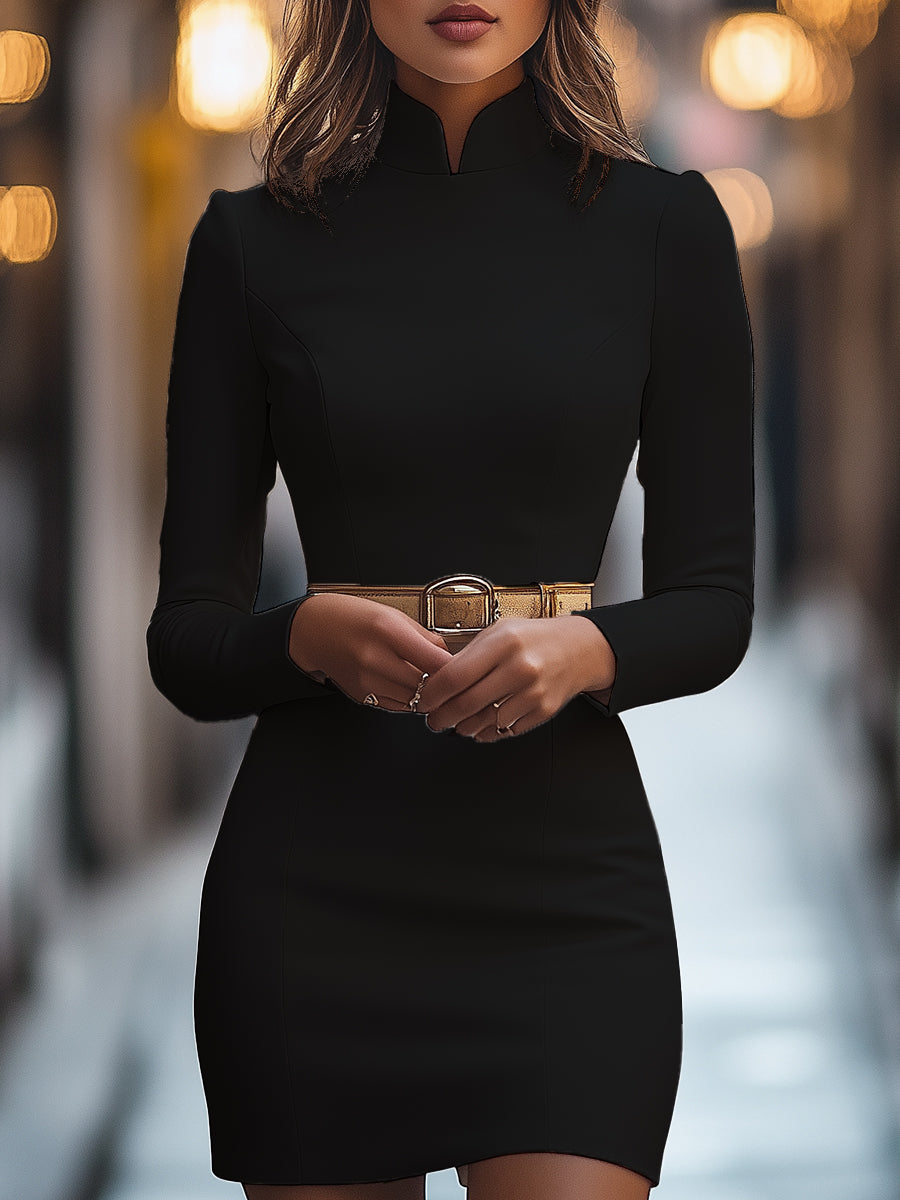 Elegant White Mandarin Collar Dress with Belt Design