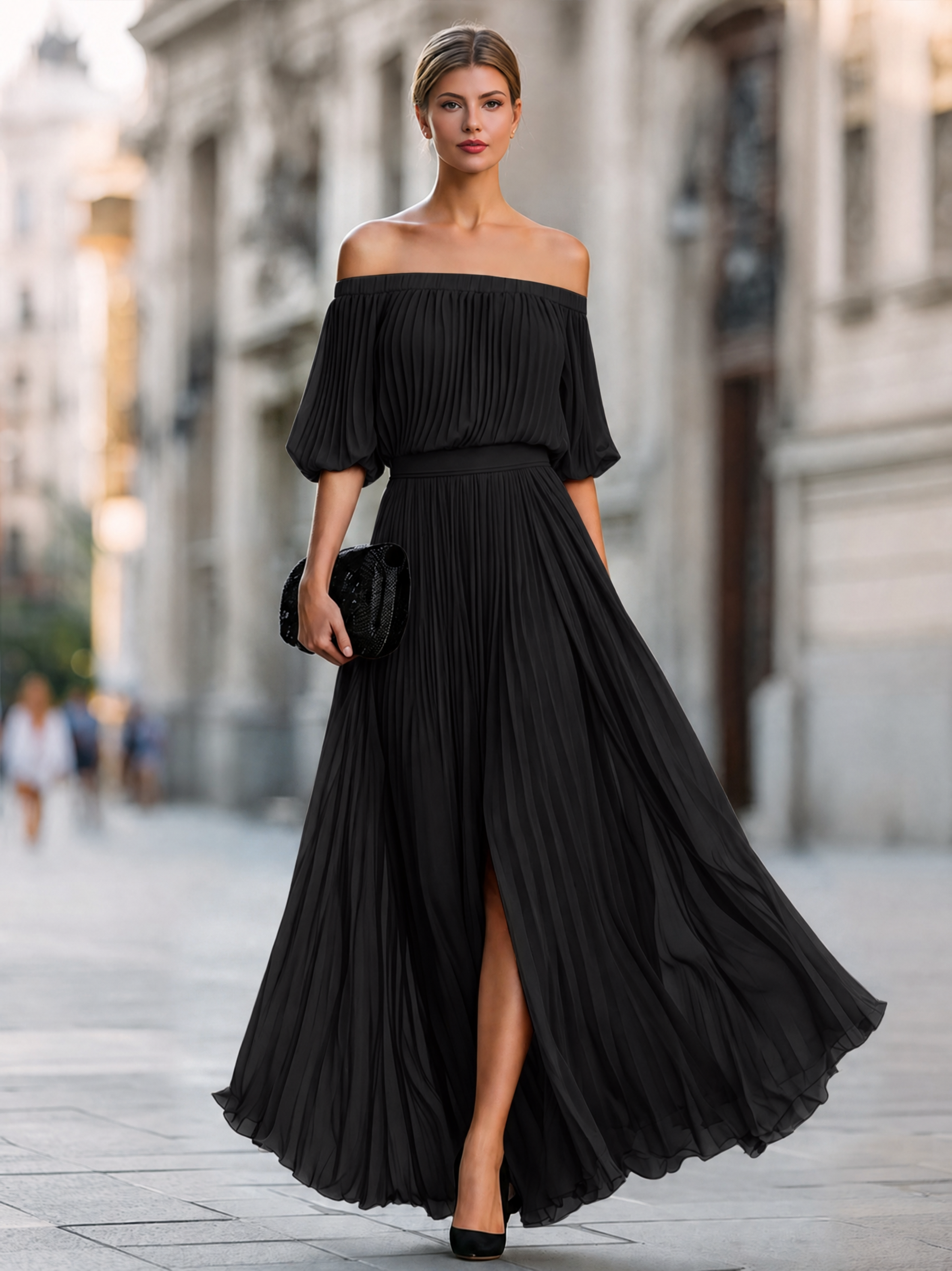Off-Shoulder Pleated Chiffon Maxi Dress