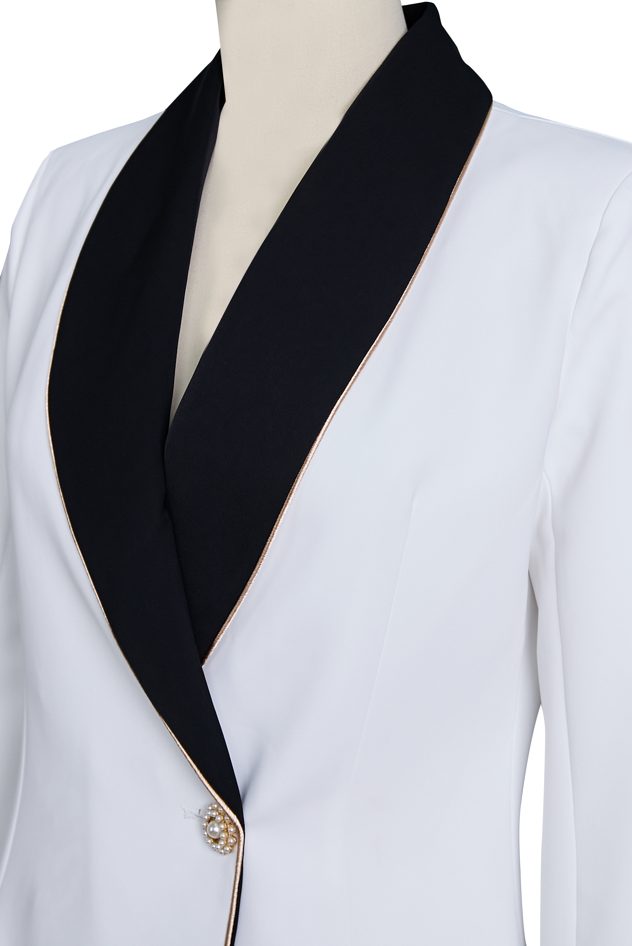 Elegant Asymmetrical White Blazer with Black Contrast Lapels