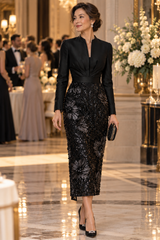 Sequin Floral Skirt Split Neck Pleated Bodice Sheath Midi Dress