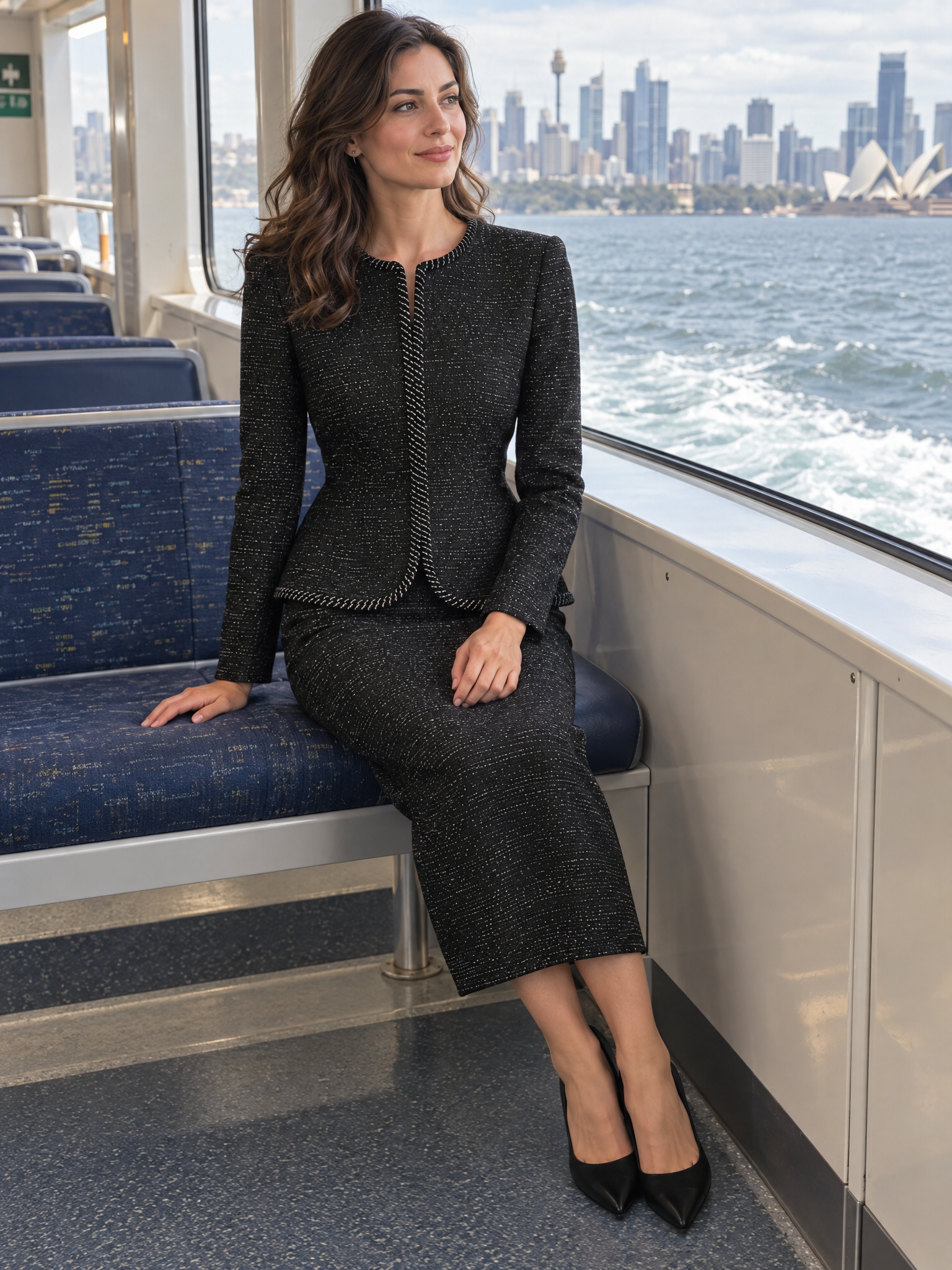 Braided-Trim Tweed Jacket And Midi Skirt Set