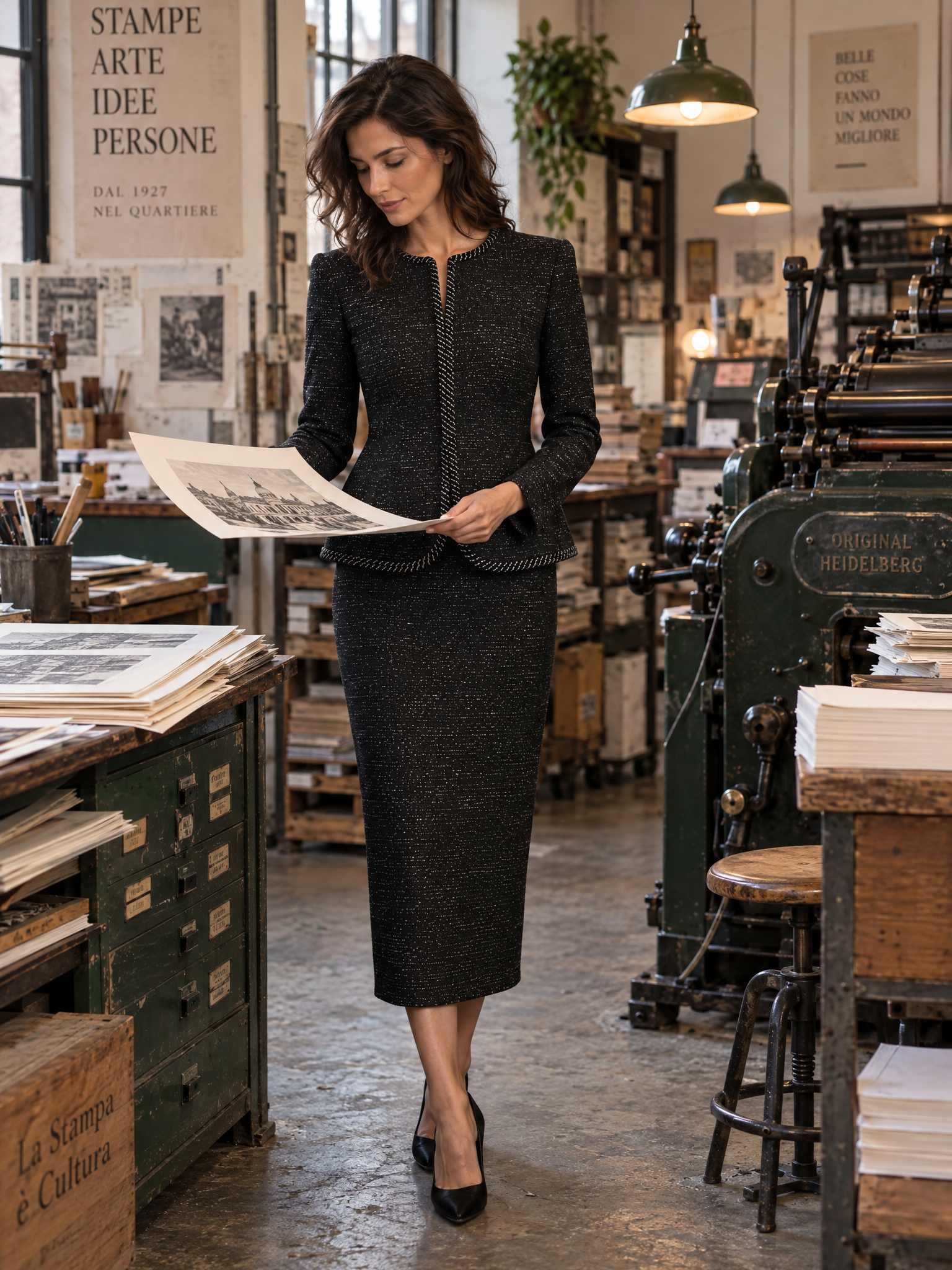 Braided-Trim Tweed Jacket And Midi Skirt Set
