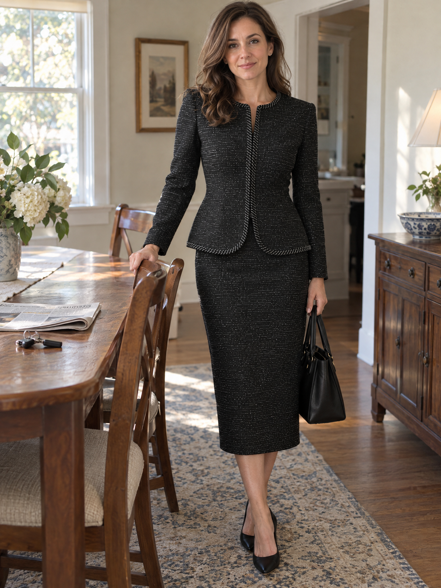 Braided-Trim Tweed Jacket And Midi Skirt Set