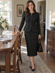 Braided-Trim Tweed Jacket And Midi Skirt Set