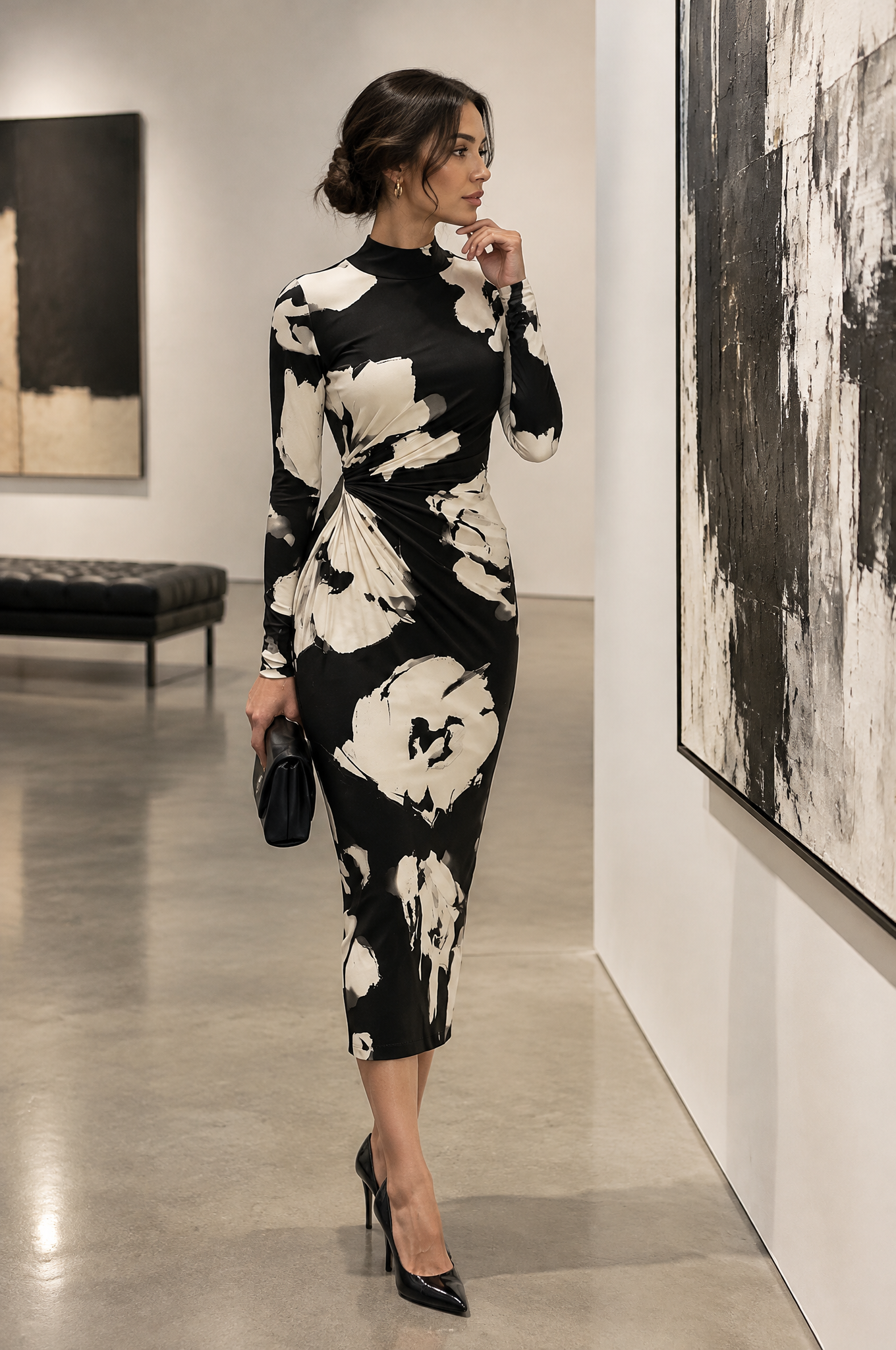 Abstract Floral Ruched Mock-Neck Midi Dress