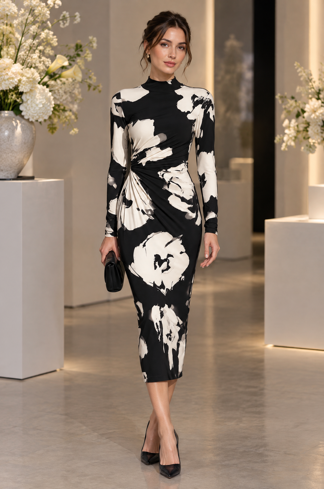Abstract Floral Ruched Mock-Neck Midi Dress