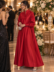 High-Neck V-Placket Satin A-Line Maxi Dress