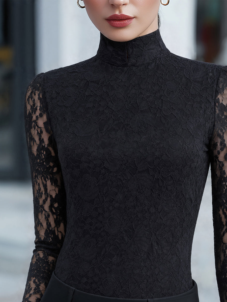 Sheer Long-Sleeve Lace High-Neck Blouse