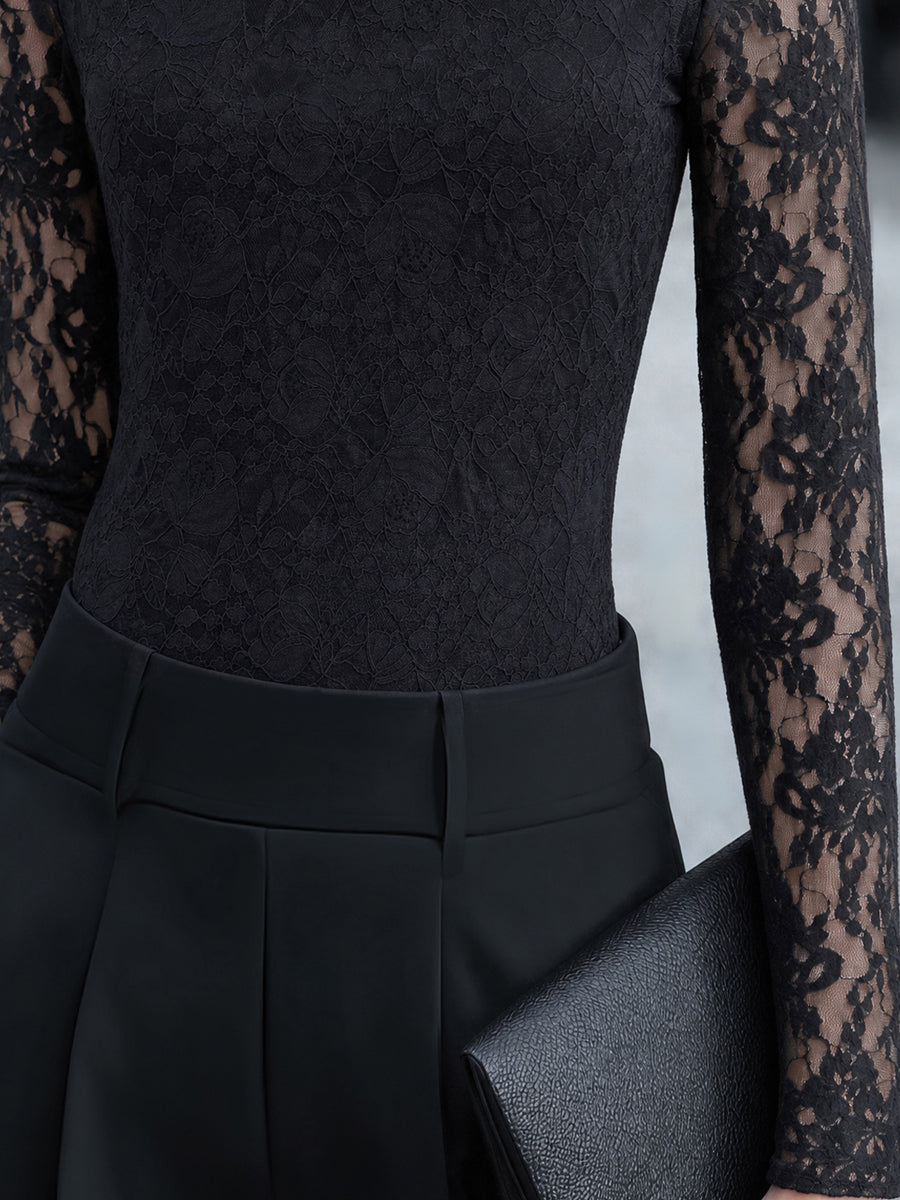 Sheer Long-Sleeve Lace High-Neck Blouse