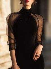 Sheer-Sleeve High-Neck Cocktail Dress