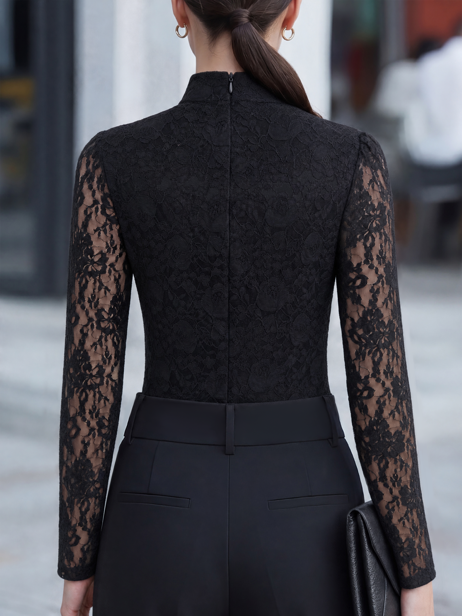 Sheer Long-Sleeve Lace High-Neck Blouse