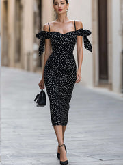 Olka Dot Off-Shoulder Bodycon Midi Dress With Bow Accents