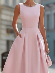 Elegant Sleeveless Rhinestone Neckline Fit & Flare Midi Cocktail Dress