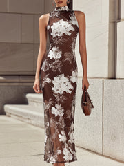 Elegant Brown White Ink Floral Print Mesh Sleeveless Maxi Dress