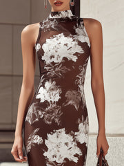 Elegant Brown White Ink Floral Print Mesh Sleeveless Maxi Dress
