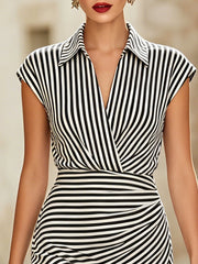 Elegant Striped Shirt Collar Wrap Bodycon Mini Dress