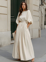 Round Neck Puff Sleeve Gathered Waist Maxi Dress