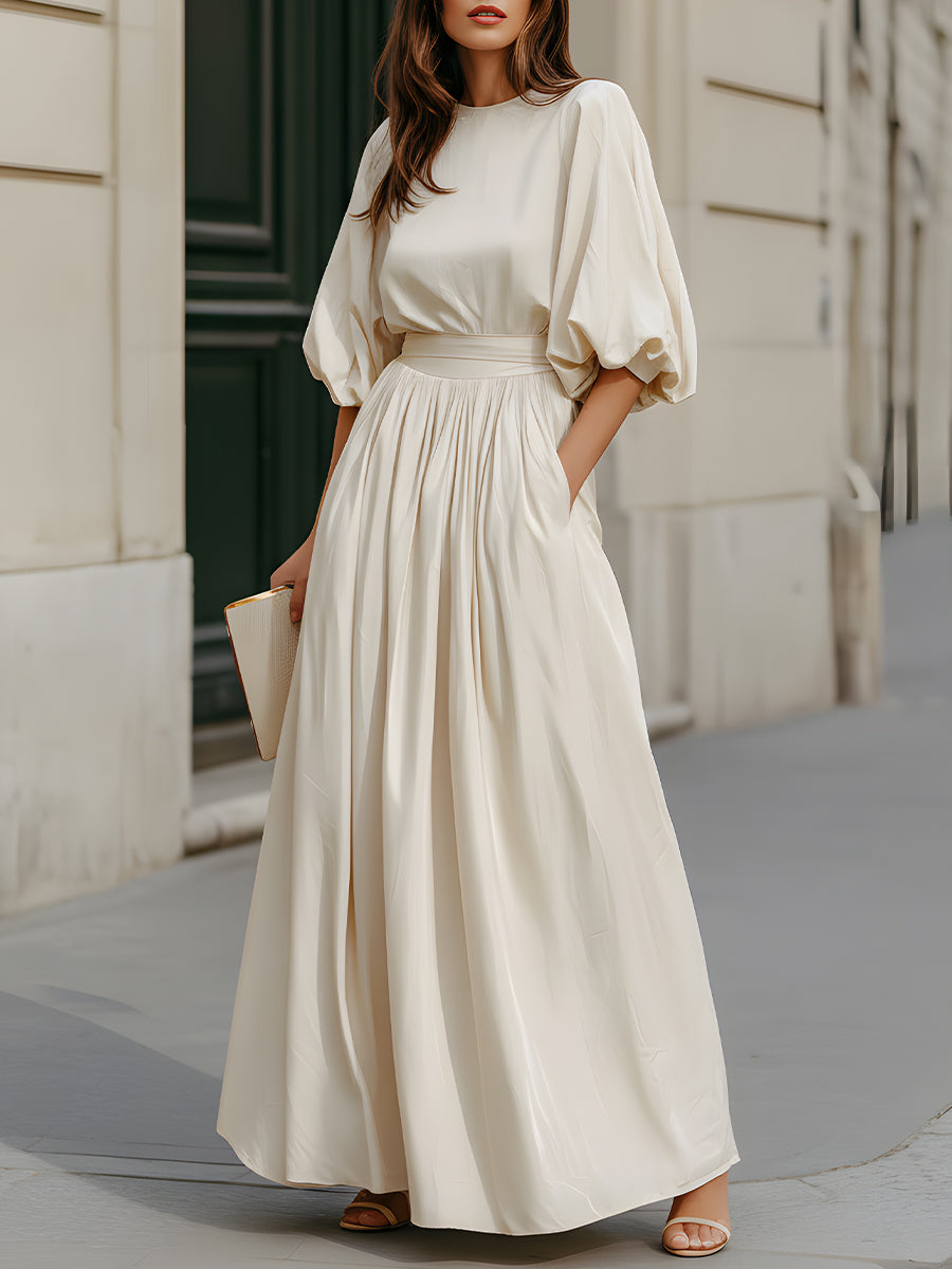 Round Neck Puff Sleeve Gathered Waist Maxi Dress