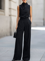 Sleeveless High-Neck Pinstripe Wide-Leg Two-Piece Set