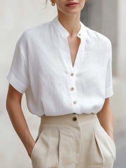 White Linen-Blend Stand Collar Short-Sleeve Blouse