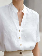 White Linen-Blend Stand Collar Short-Sleeve Blouse