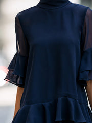 Sheer Sleeve Tiered Ruffle High Neck Blouse