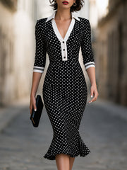 Polka Dot Contrast Collar Mermaid Midi Dress