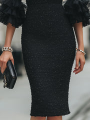 Crew-Neck Textured Pencil Midi Dress With Tiered Ruffle Sleeves