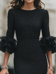 Crew-Neck Textured Pencil Midi Dress With Tiered Ruffle Sleeves