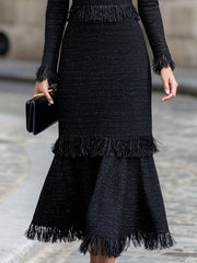 Elegant Tweed Fringe Mermaid Midi Dress