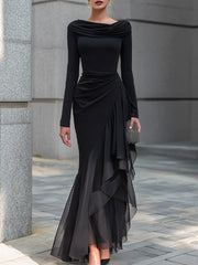 Draped Cowl Neck Layered Organza Panel Maxi Dress
