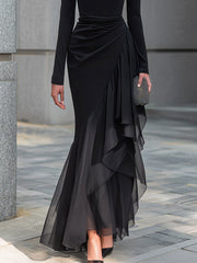 Draped Cowl Neck Layered Organza Panel Maxi Dress