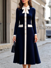 Ribbed Knit Bow-Collar A-Line Maxi Dress